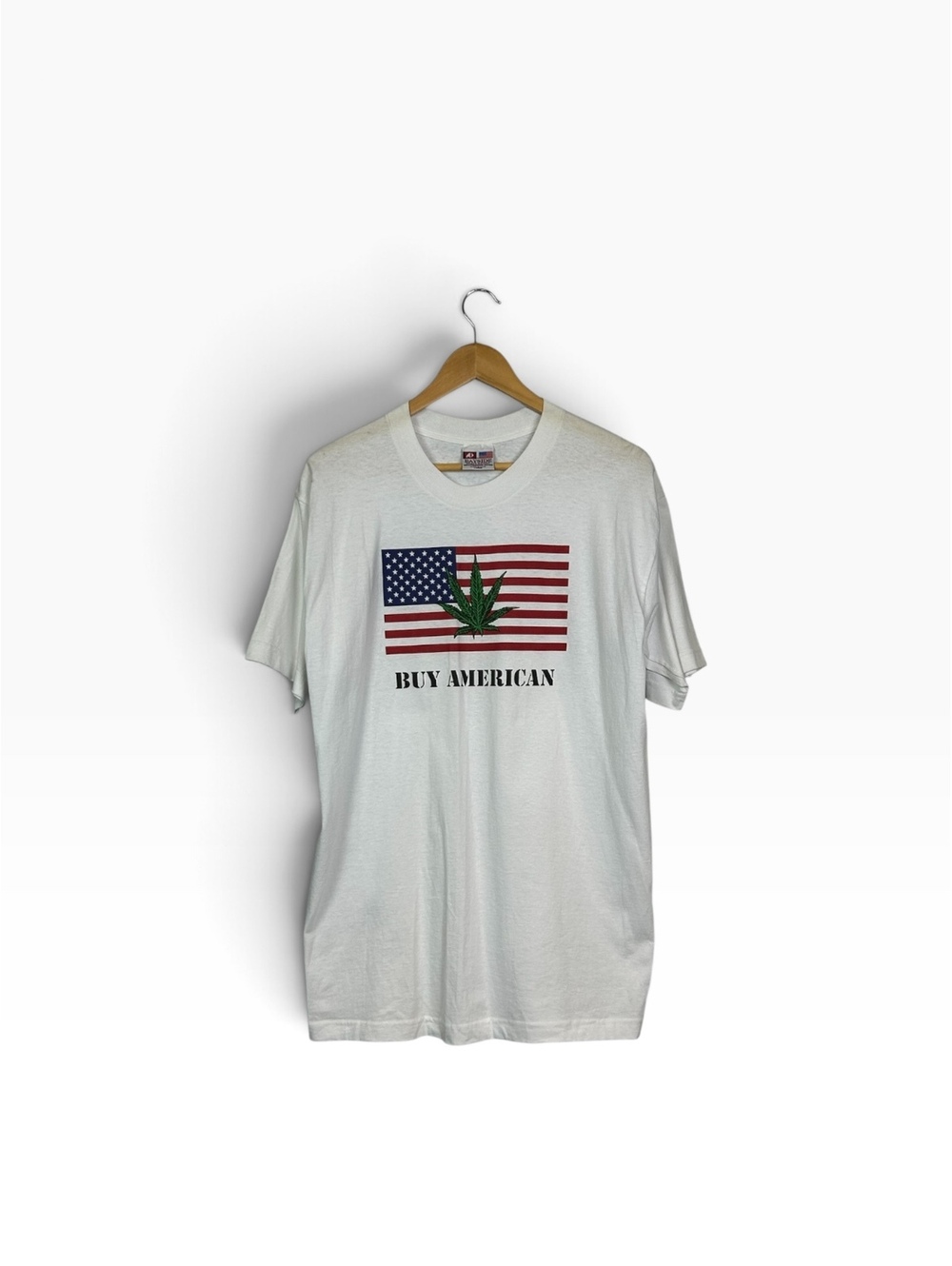 XL White Cotton Men's T-Shirt with American Flag and Cannabis Leaf Graphic